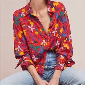 Maeve Anthropologie Blithe Fruit Floral Printed Button Blouse